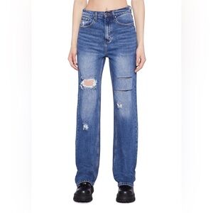 Distressed High Rise Straight Denim Jeans - Dark Blue size 5/26